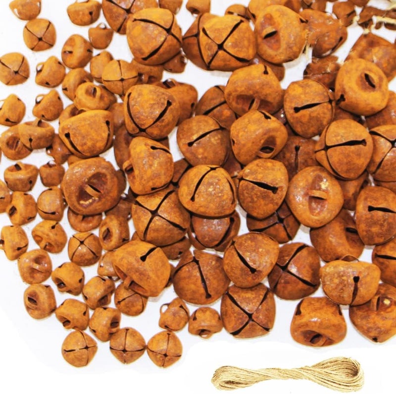 vibnumom 150 Pieces Christmas Rusty Bells Kit with A Jute Twine Vintage Country Primitive Craft Mini Jingle Bells Rustic Bells for Crafts Wreath Holiday Home Ornaments Christmas Trees Decoration (Mixed Size) - Image 1